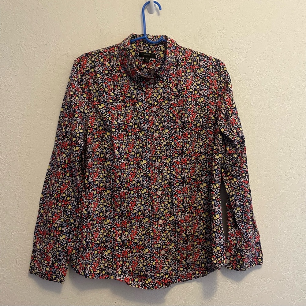 J. Crew Women’s Button Down Shirt in Navy with Red, Yellow & White Floral Print